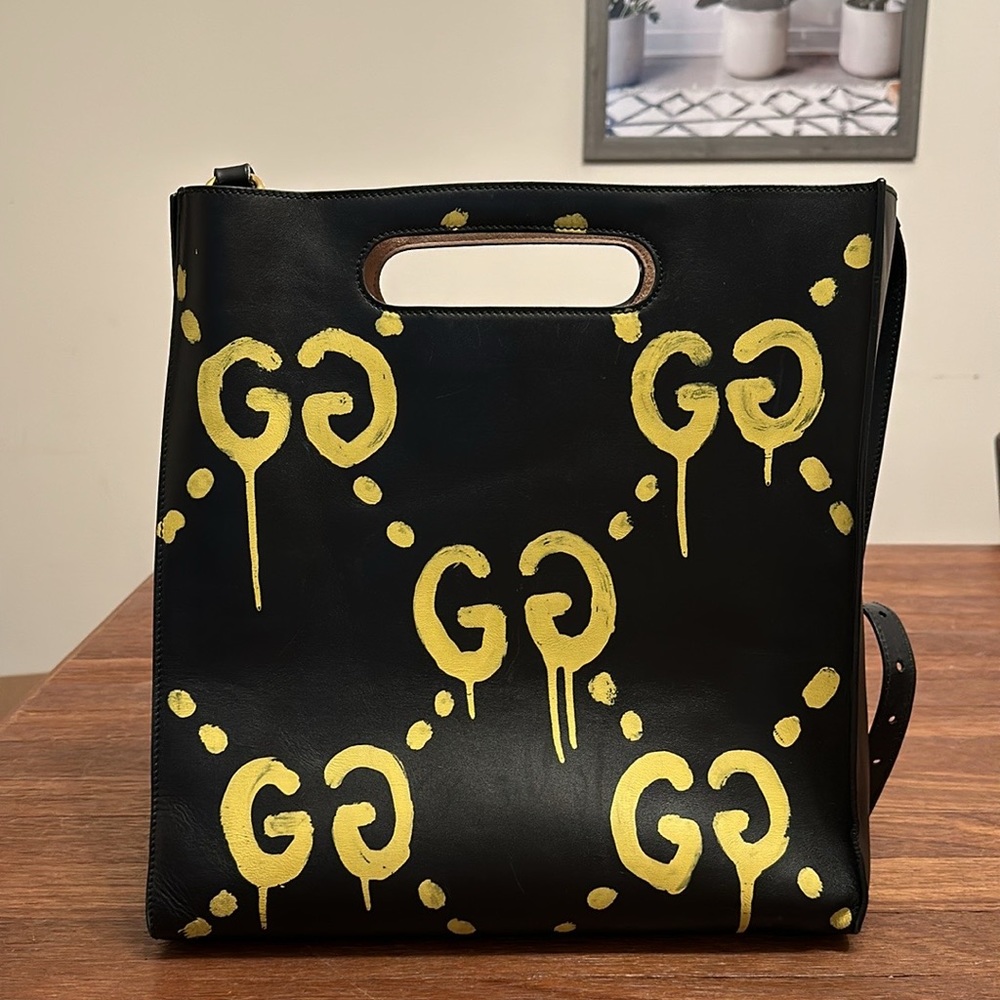 Gucci Ghost βREALβ Leather Tote Bag Black 414476 w/ Box & Dust Bag - Picture 2 of 9